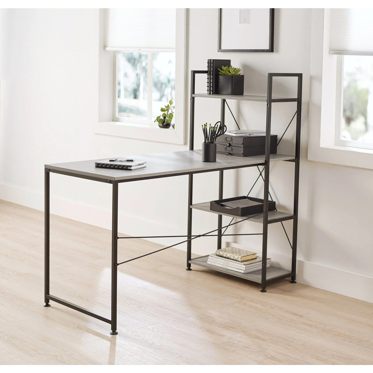 Gray Computer Desk With Storage Shelves D906