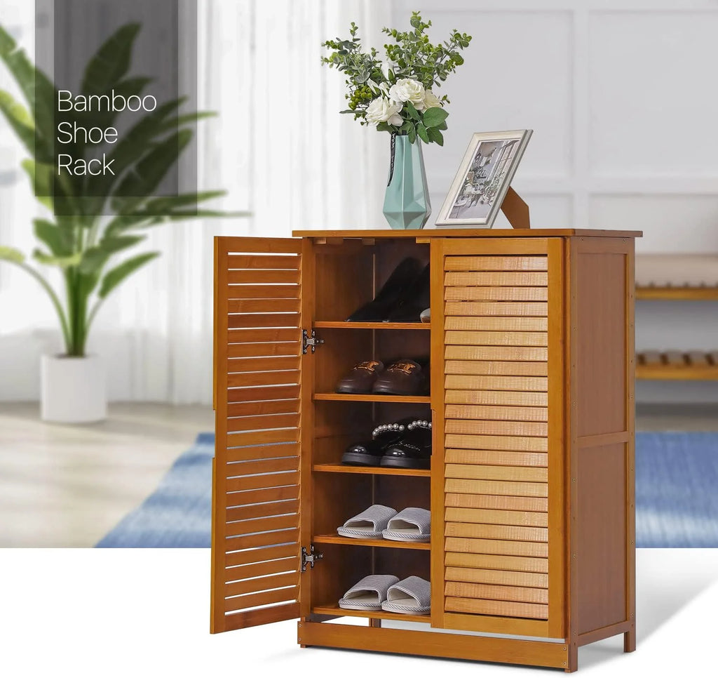 Brown 5 Tier Bamboo Shoe Storage Cabinet with Shutter Doors P152
