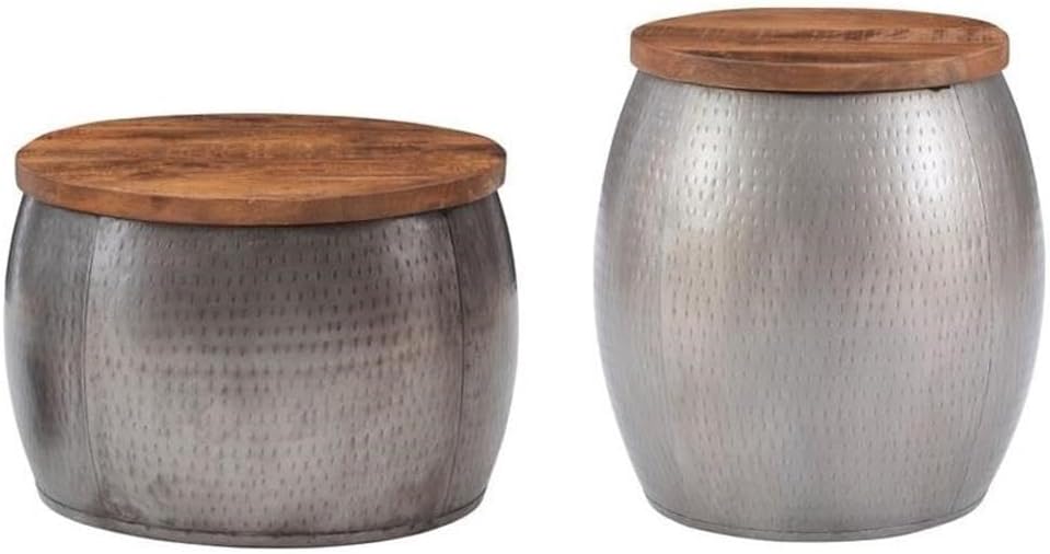 2-Piece Metal Drum Table and Side Table in Silver F37268