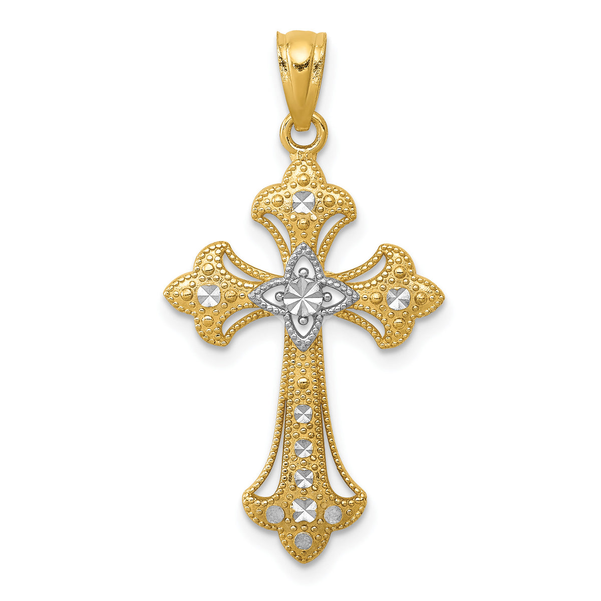 14K Two-Tone Gold Rhodium Plating Diamond-Cut Cross Pendant on 18 Inch Gold Rope Chain Necklace K63510