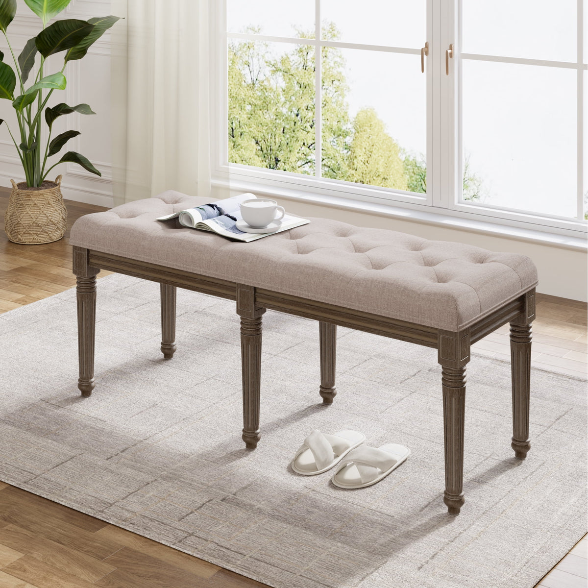 Upholstered Button Tufted Cushion Seat Bench with Carved Wooden Legs D356