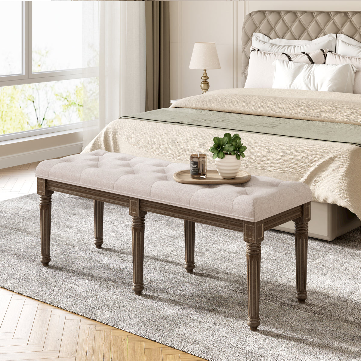 Upholstered Button Tufted Cushion Seat Bench with Carved Wooden Legs D356