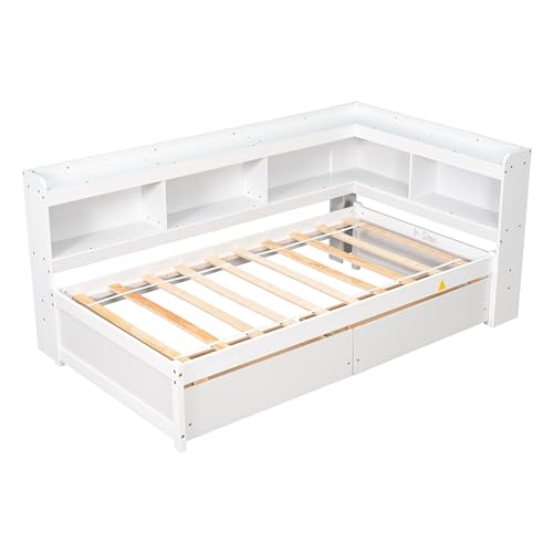 White Twin Size Wooden Bookcase Bed with Storage Drawers G68131