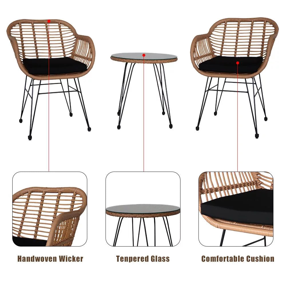 3 Pieces Wicker Rattan Patio Conversation Set with Tempered Glass Table Y10154