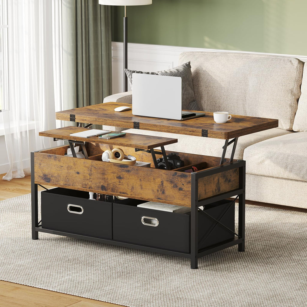 Rustic Brown Lift Top Coffee Table with Storage Drawers W438