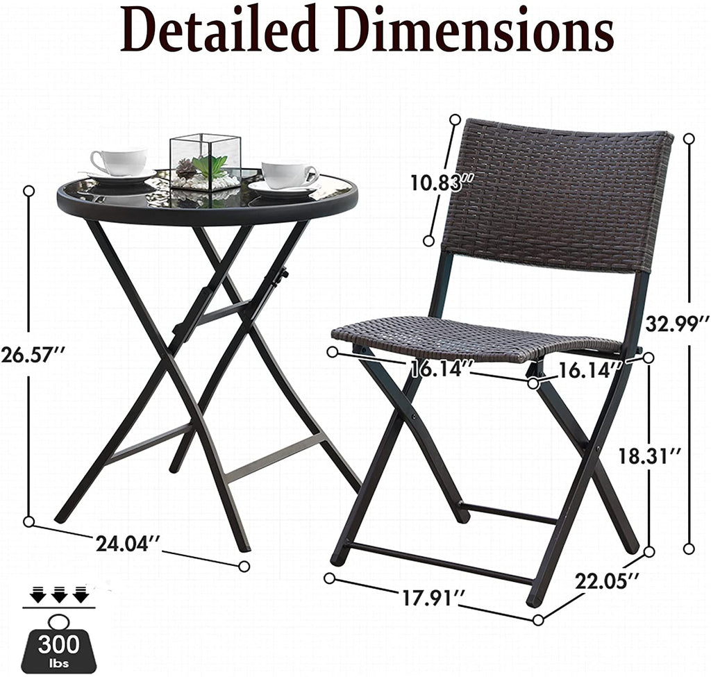 3 Pieces Wicker Patio Bistro Set with Folding Round Table and Chairs U798297