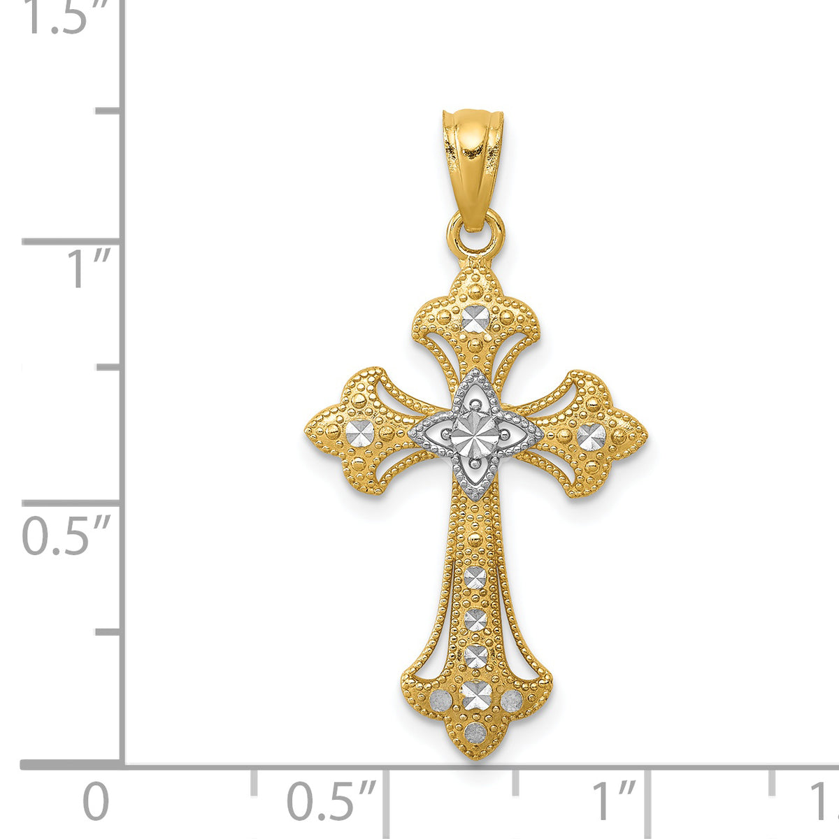 14K Two-Tone Gold Rhodium Plating Diamond-Cut Cross Pendant on 18 Inch Gold Rope Chain Necklace K63510