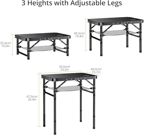 Folding Camping Table with Storage Net, Pure Black Aluminum 2ft Picnic Table 23.2" x 16" Outdoor Table Adjustable Height Max 26.4", Lightweight, Waterproof, Portable Handle for Travel Cooking D501909