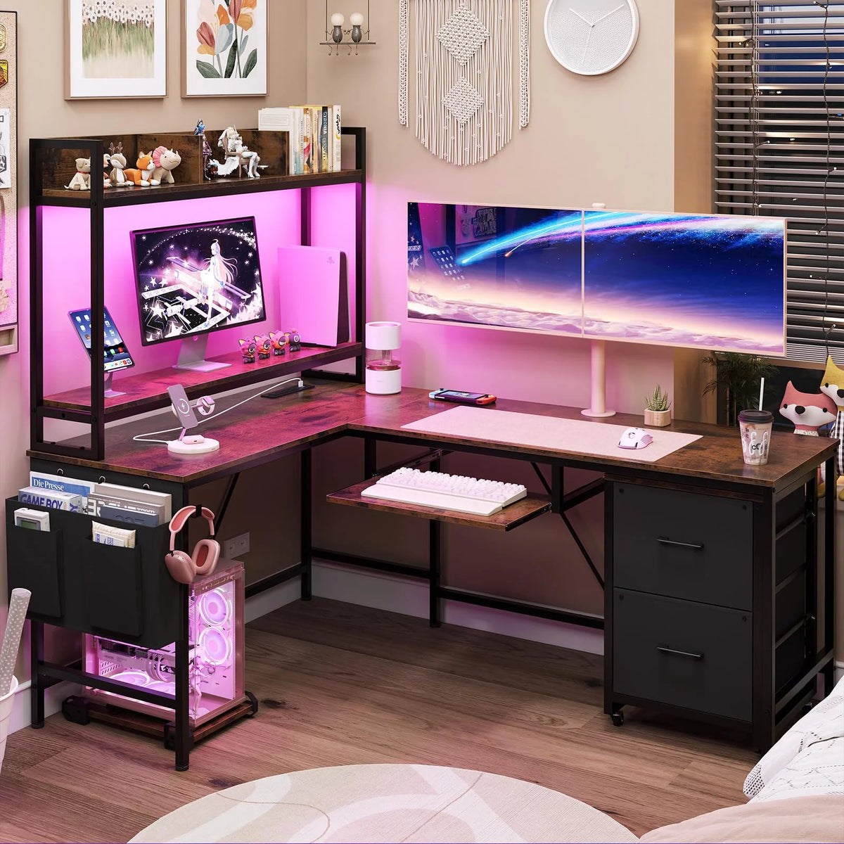 L Shaped Computer Desk with Power Outlet and Led Strip N2680
