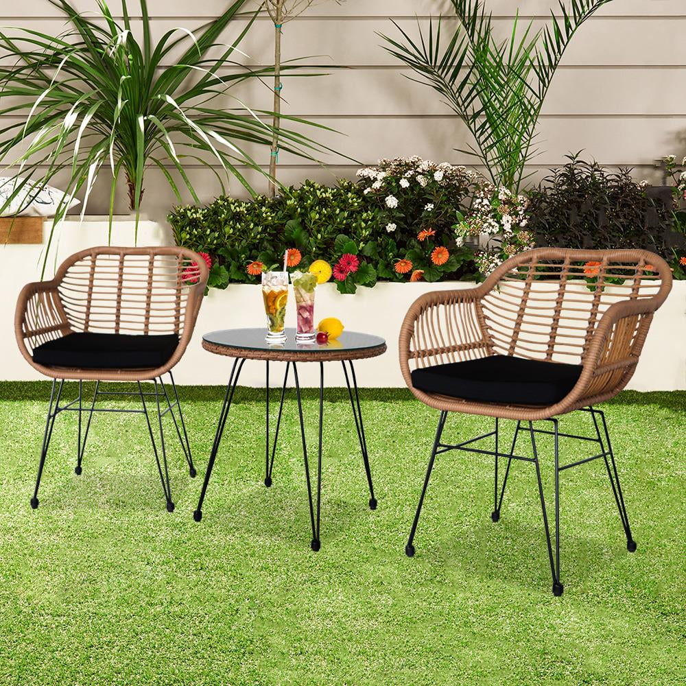 3 Pieces Wicker Rattan Patio Conversation Set with Tempered Glass Table Y10154