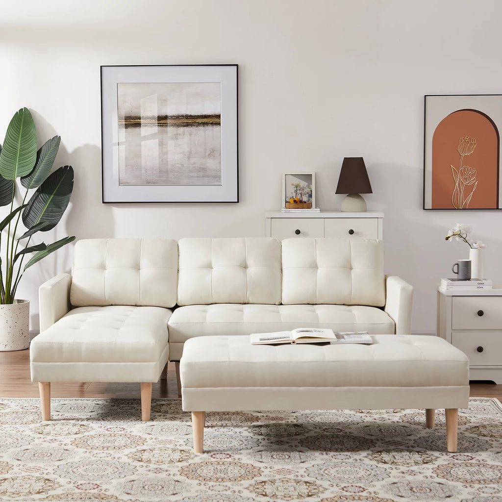 Beige L-shape Sectional Sofa Bed with Ottoman Bench C598