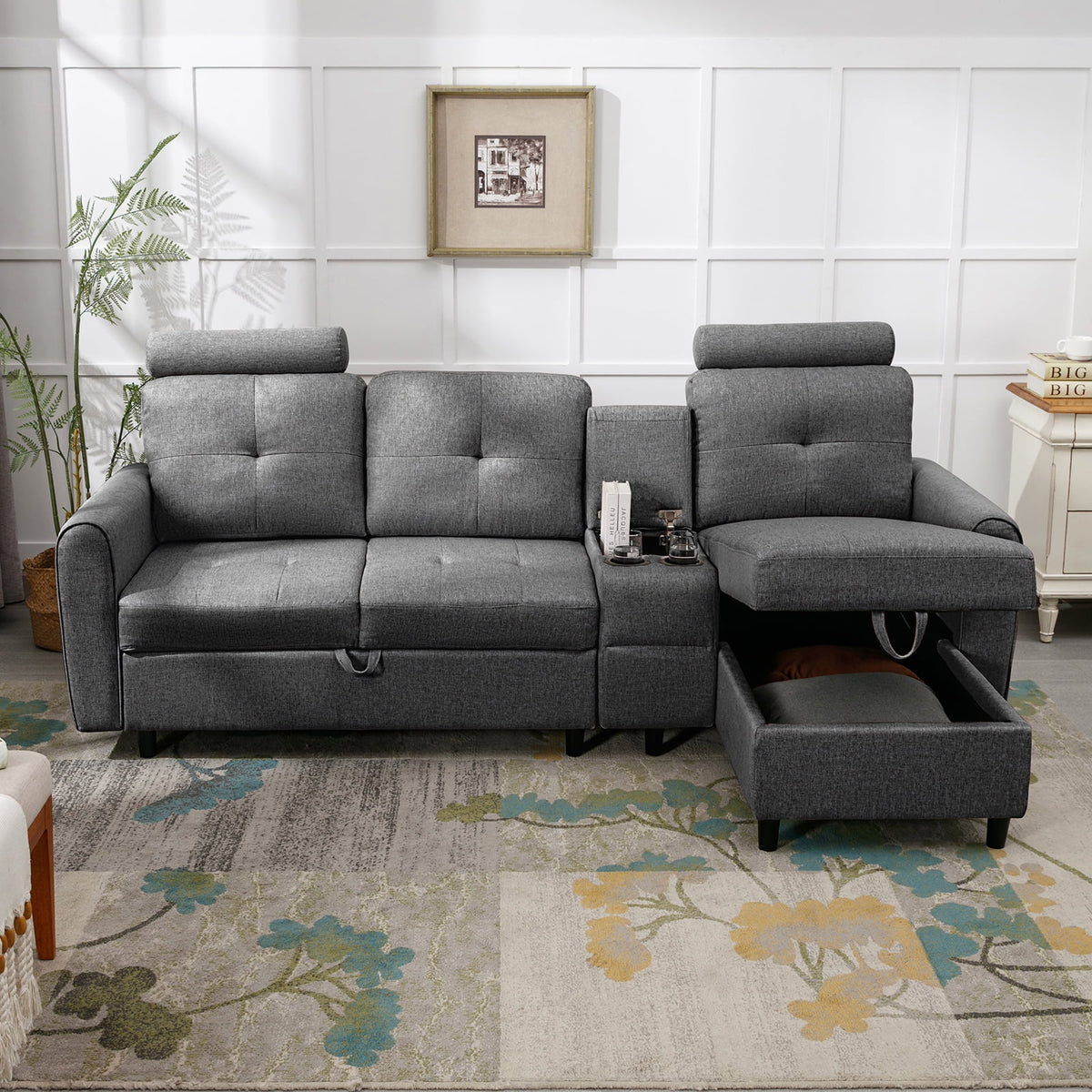 Dark Grey L Shaped Sectional Sofa with Storage Chaise O8313