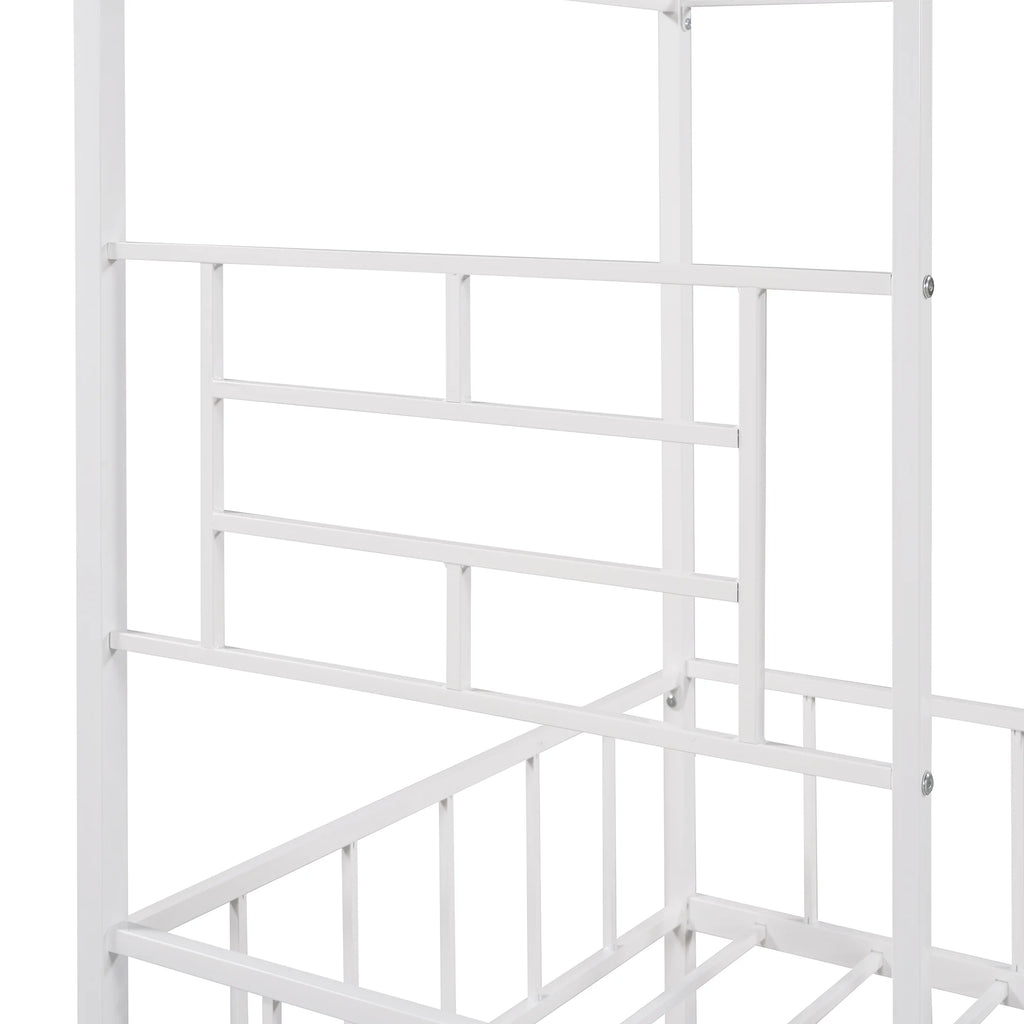 White Twin Size Metal House Bed with Guardrail and Ladder Q284