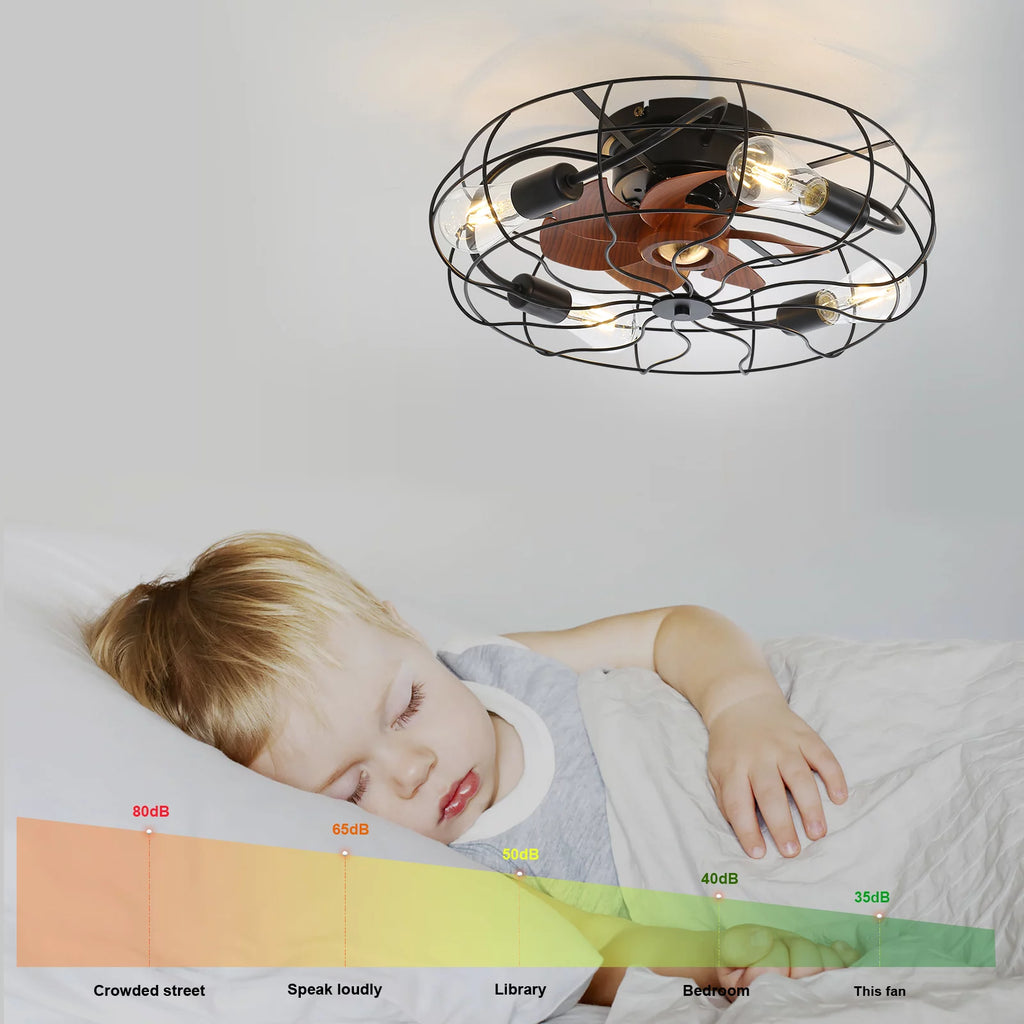 20" Industrial Flush Mount Bladeless Caged Ceiling Fan with Light and Remote F855
