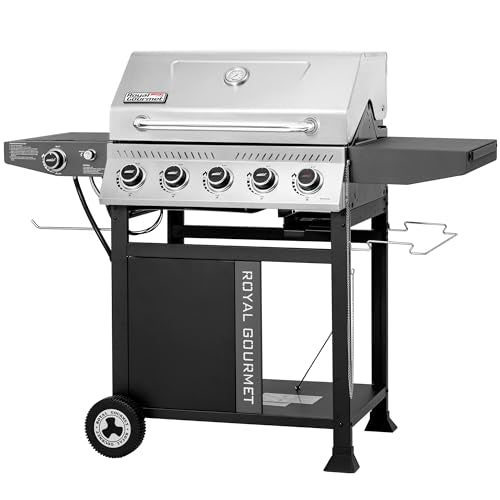 5 Burner Propane Gas Grill with Side Burner and Sear Burner, Porcelain-Enameled Cast Iron Grates E838