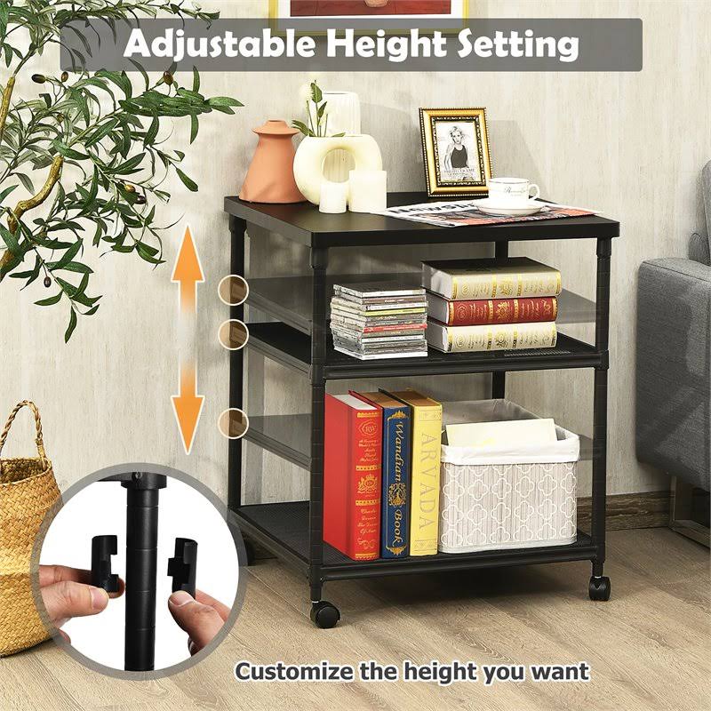 3-Tier Printer Stand Rolling Cart with Adjustable Shelf and Swivel Wheel Black J32998