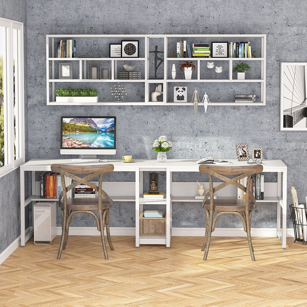 White Double Computer Office Desk with Storage Shelf R869
