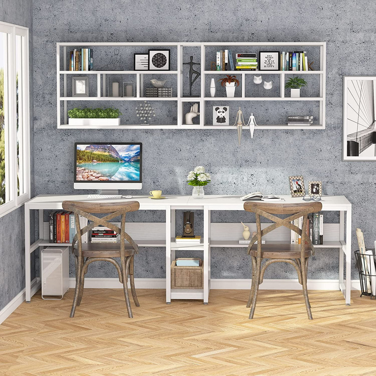 White Double Computer Office Desk with Storage Shelf R869