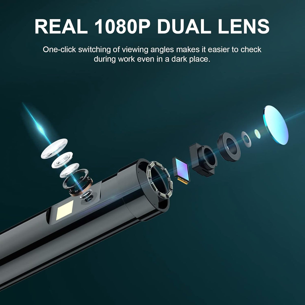 Dual Lens Video Endoscope Camera with Lights, 1080P Borescope Inspection Camera, 8 mm IP67 Waterproof, 16.5FT Semi-Rigid Cable, 32GB Card O381