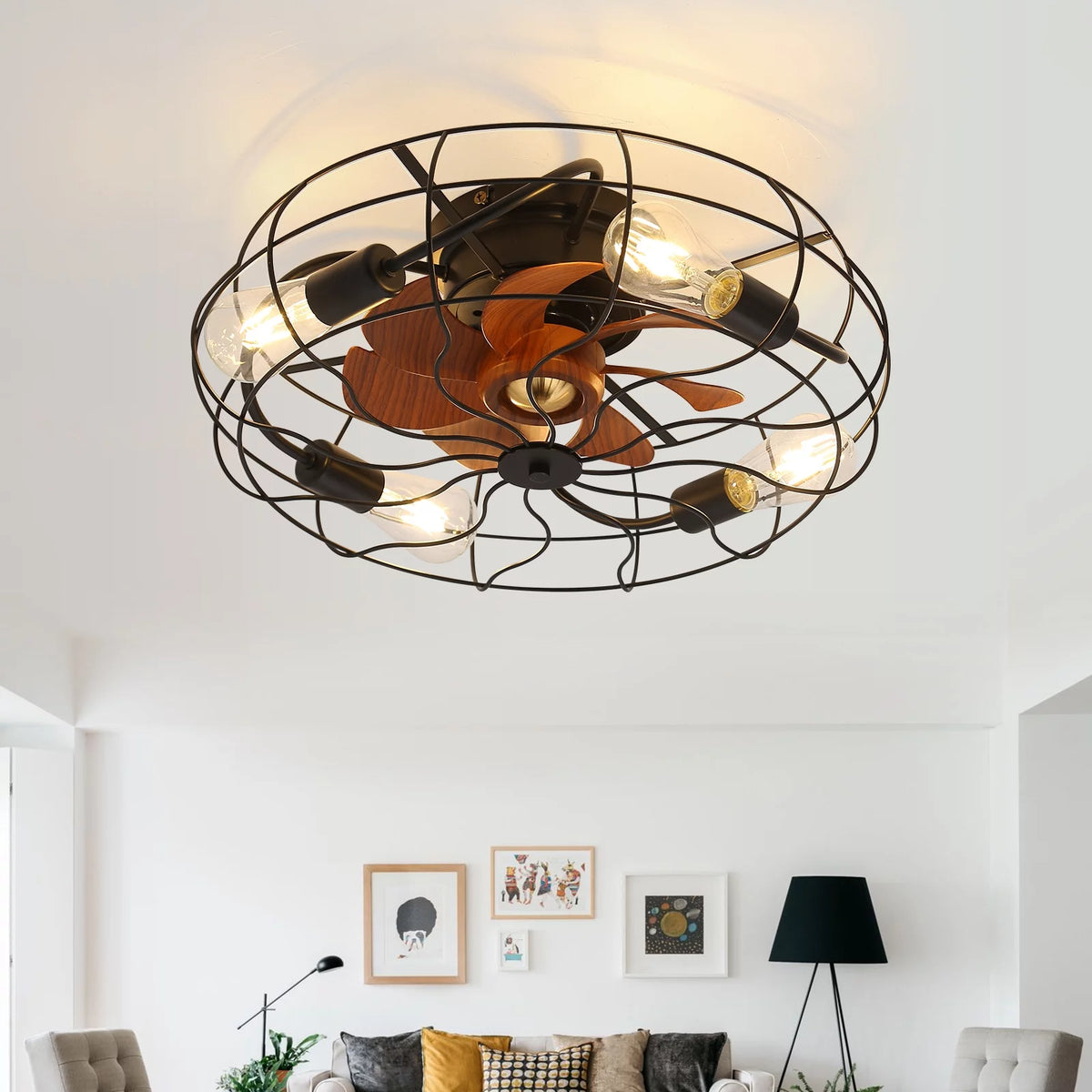 20" Industrial Flush Mount Bladeless Caged Ceiling Fan with Light and Remote F855