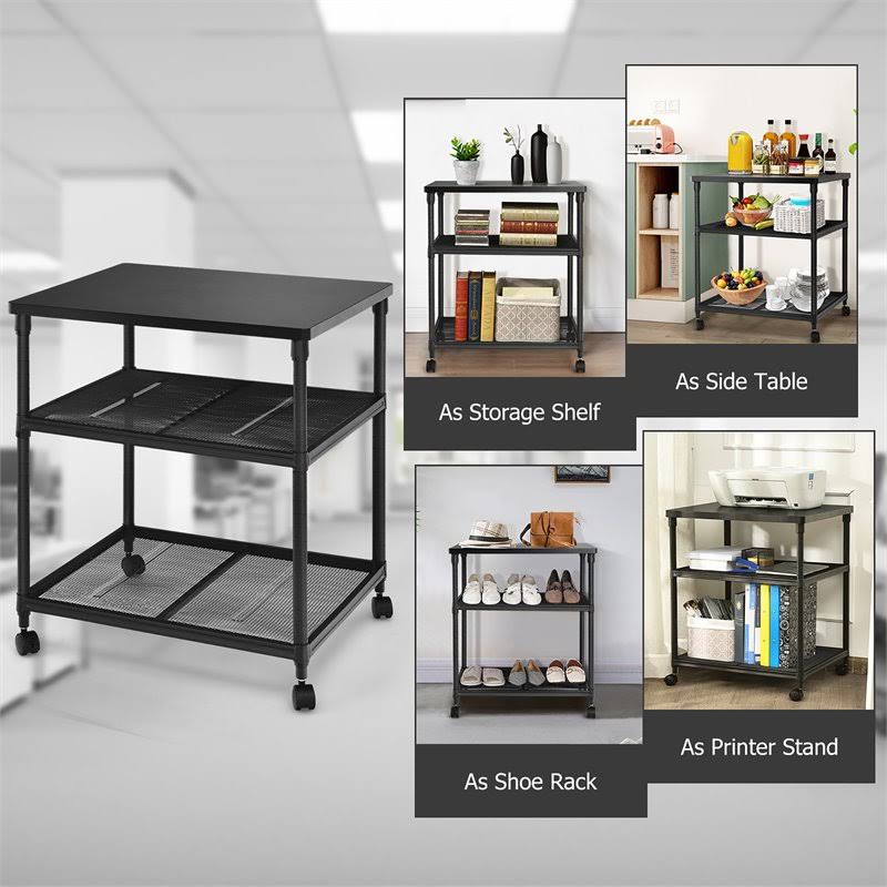 3-Tier Printer Stand Rolling Cart with Adjustable Shelf and Swivel Wheel Black J32998