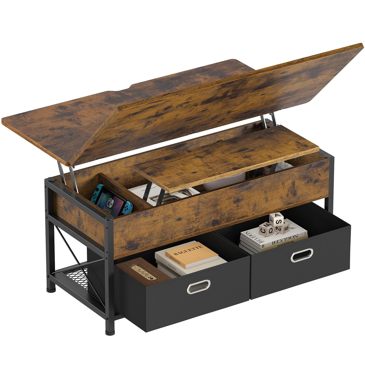 Rustic Brown Lift Top Coffee Table with Storage Drawers W438