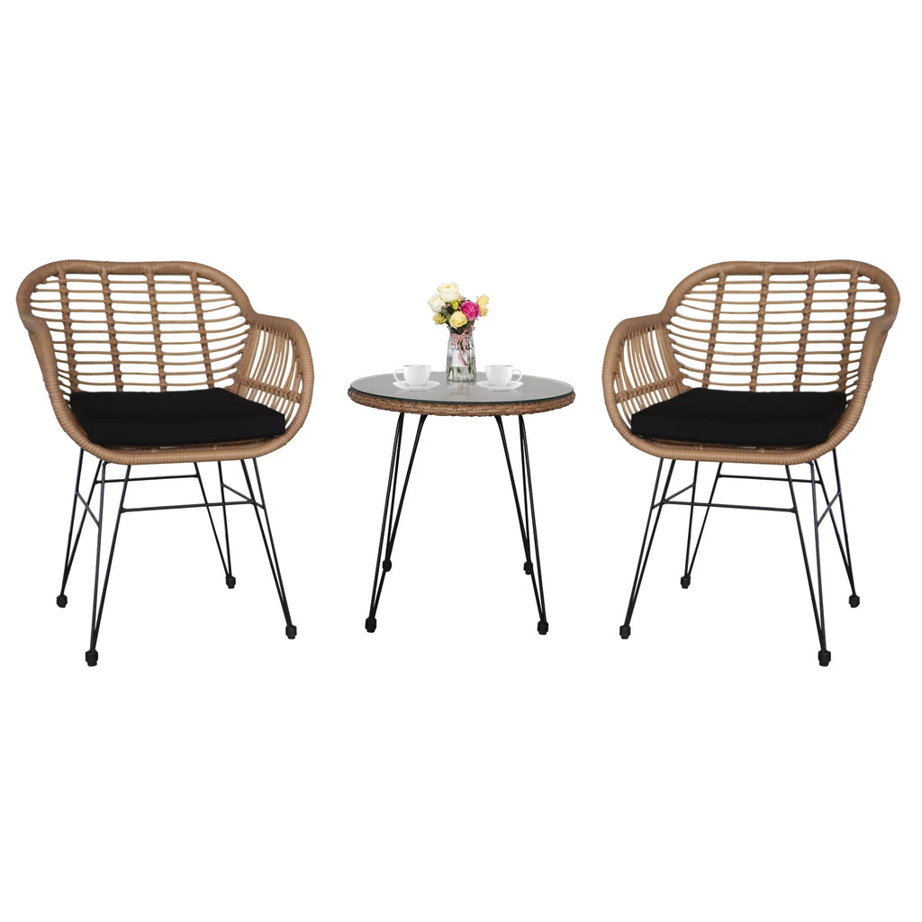 3 Pieces Wicker Rattan Patio Conversation Set with Tempered Glass Table Y10154