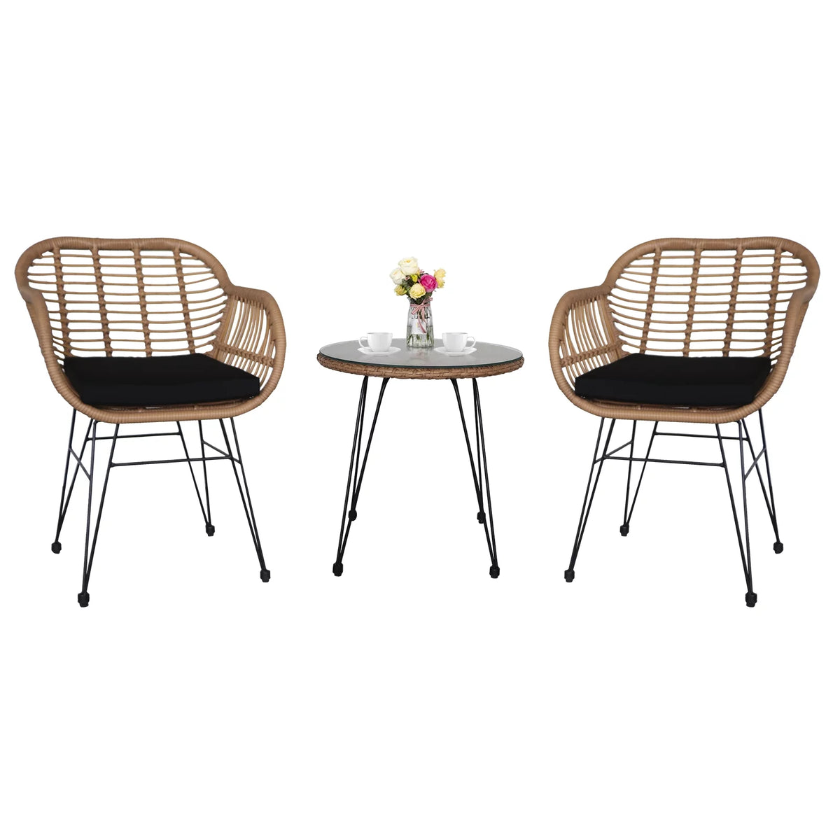 3 Pieces Wicker Rattan Patio Conversation Set with Tempered Glass Table Y10154