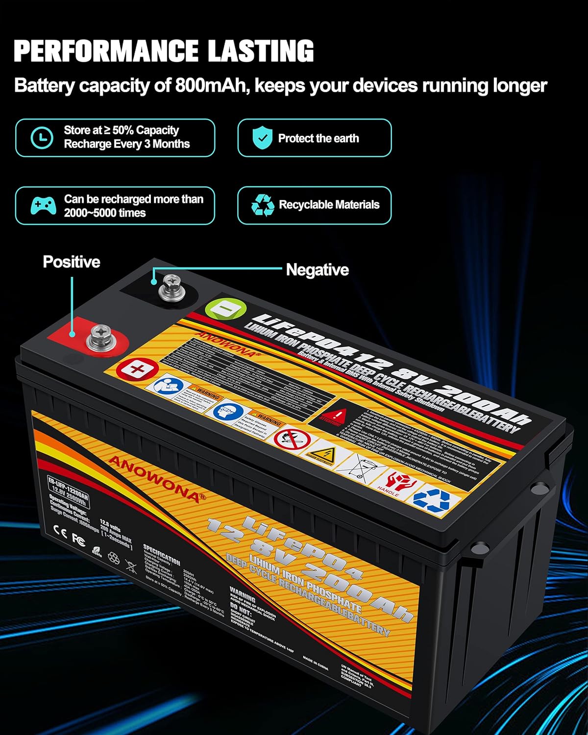 12.8V 200Ah Lithium Iron LiFePO4 Deep Cycle Battery with 100A BMS J42866