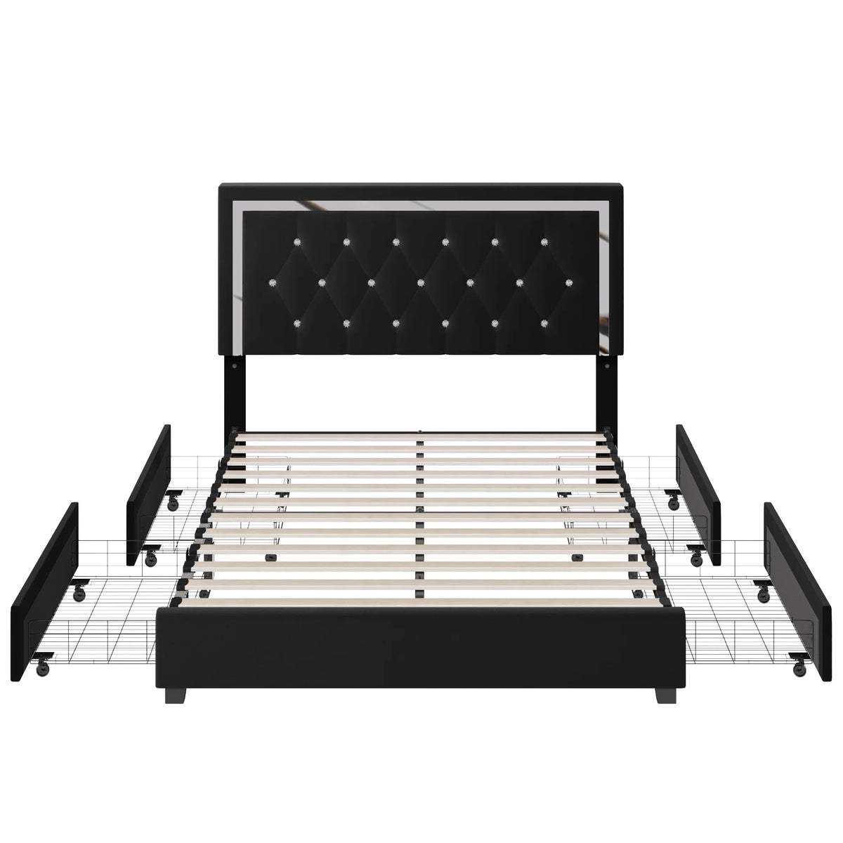 Full Size Storage Bed with 4 Drawers, Black Upholstered Platform Bed Frame with Adjustable Headboard F93927