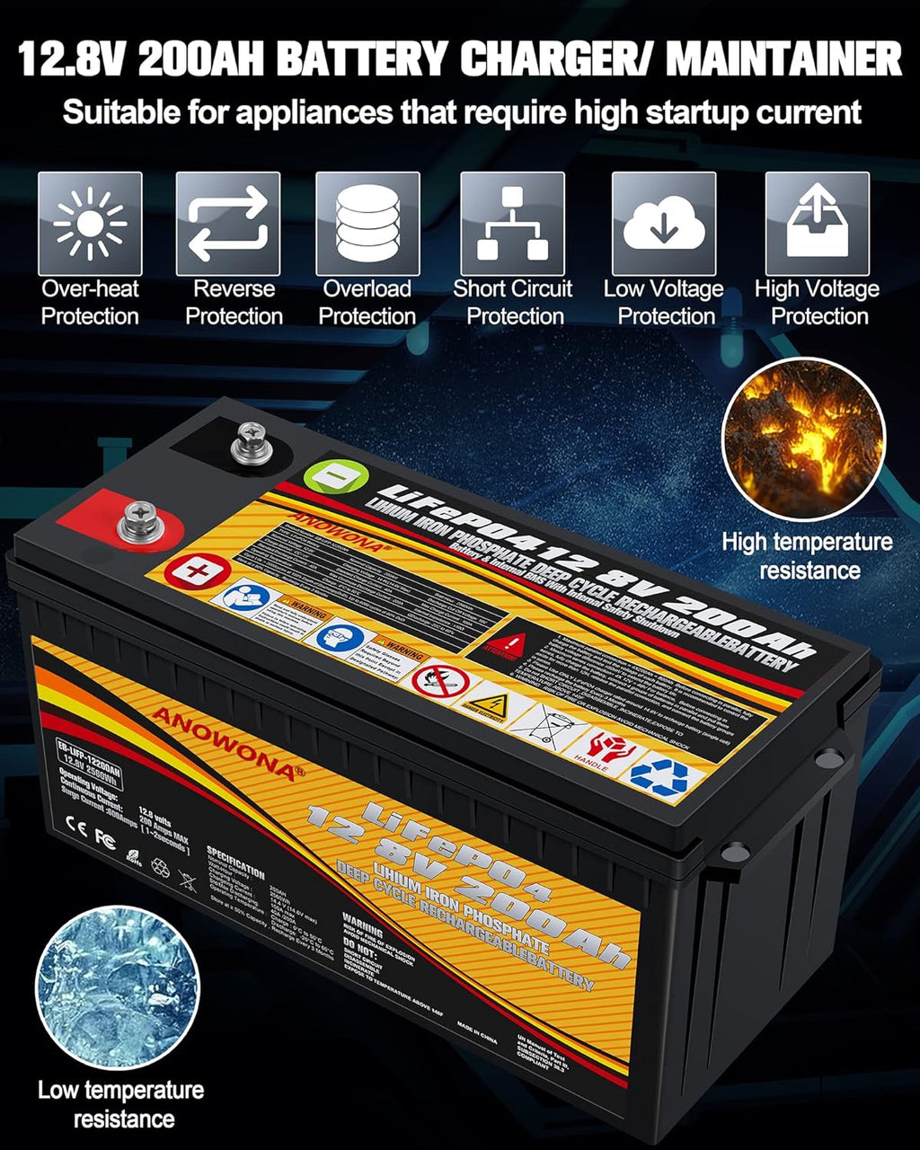 12.8V 200Ah Lithium Iron LiFePO4 Deep Cycle Battery with 100A BMS J42866
