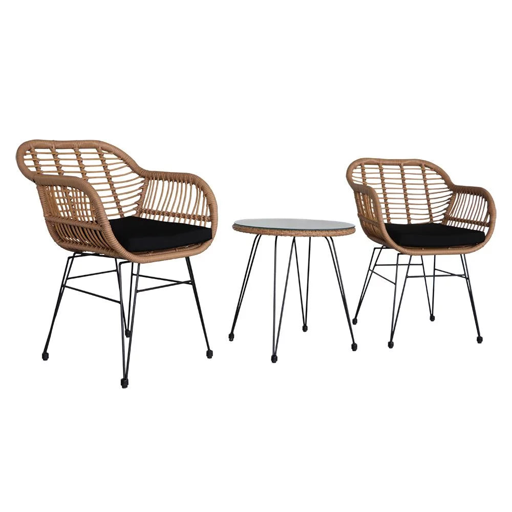 3 Pieces Wicker Rattan Patio Conversation Set with Tempered Glass Table Y10154