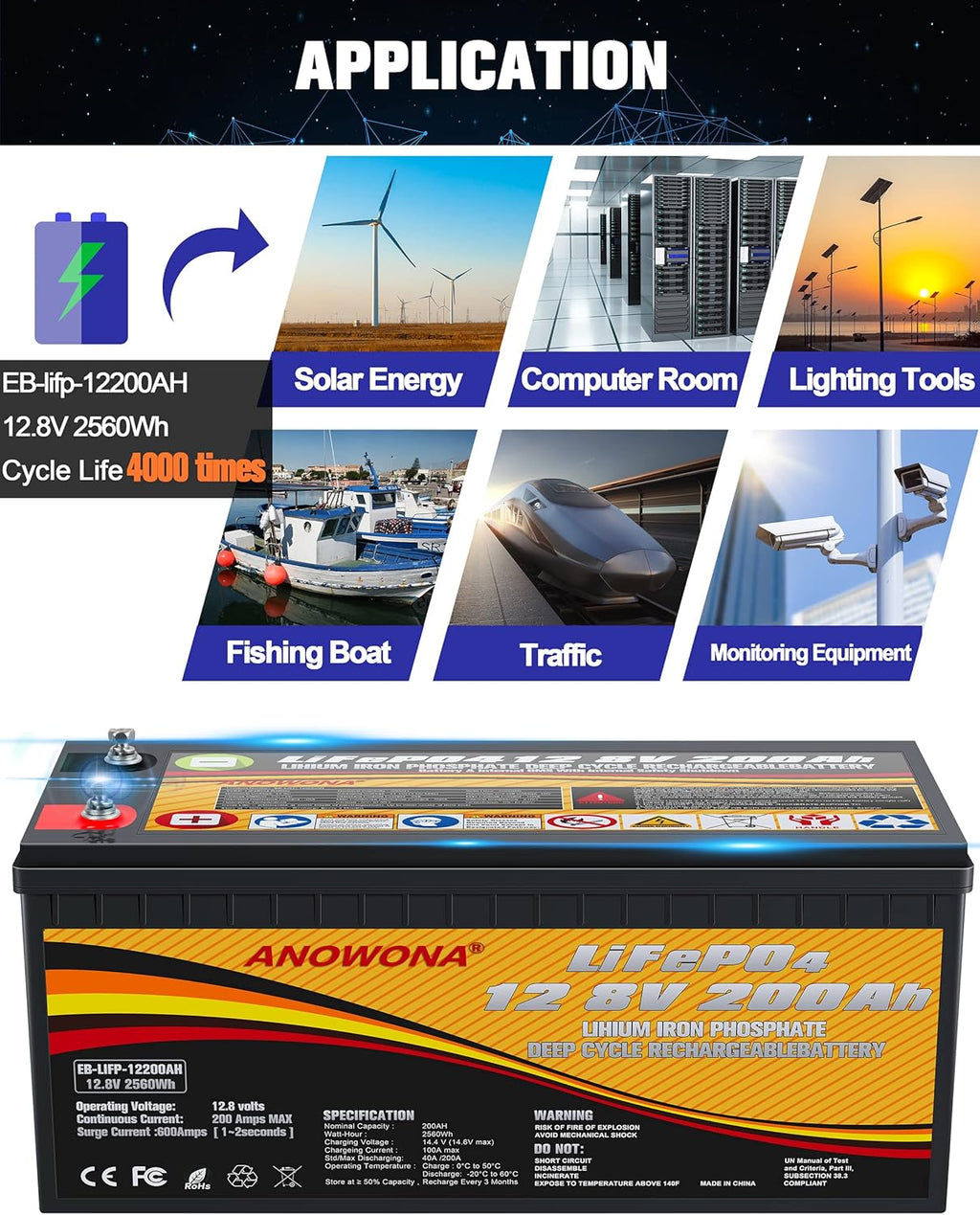 12.8V 200Ah Lithium Iron LiFePO4 Deep Cycle Battery with 100A BMS J42866