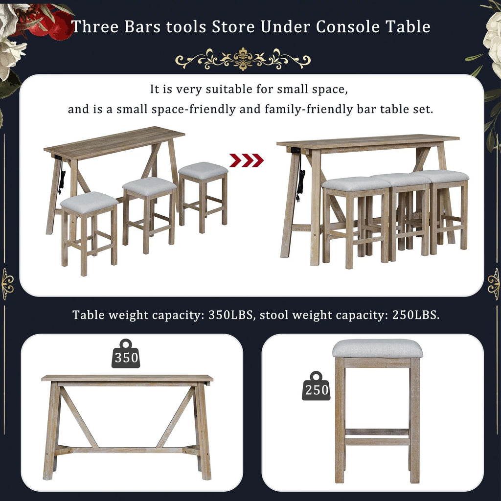 Natural Wood Wash Kitchen Bar Table Set with Upholstered Stools B44347