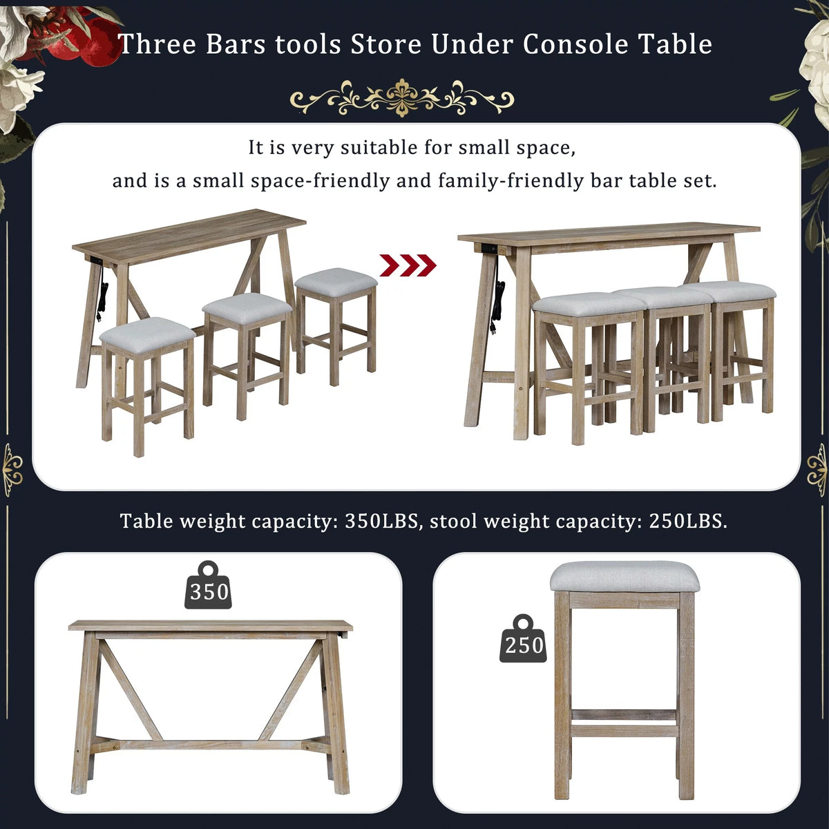 Natural Wood Wash Kitchen Bar Table Set with Upholstered Stools B44347