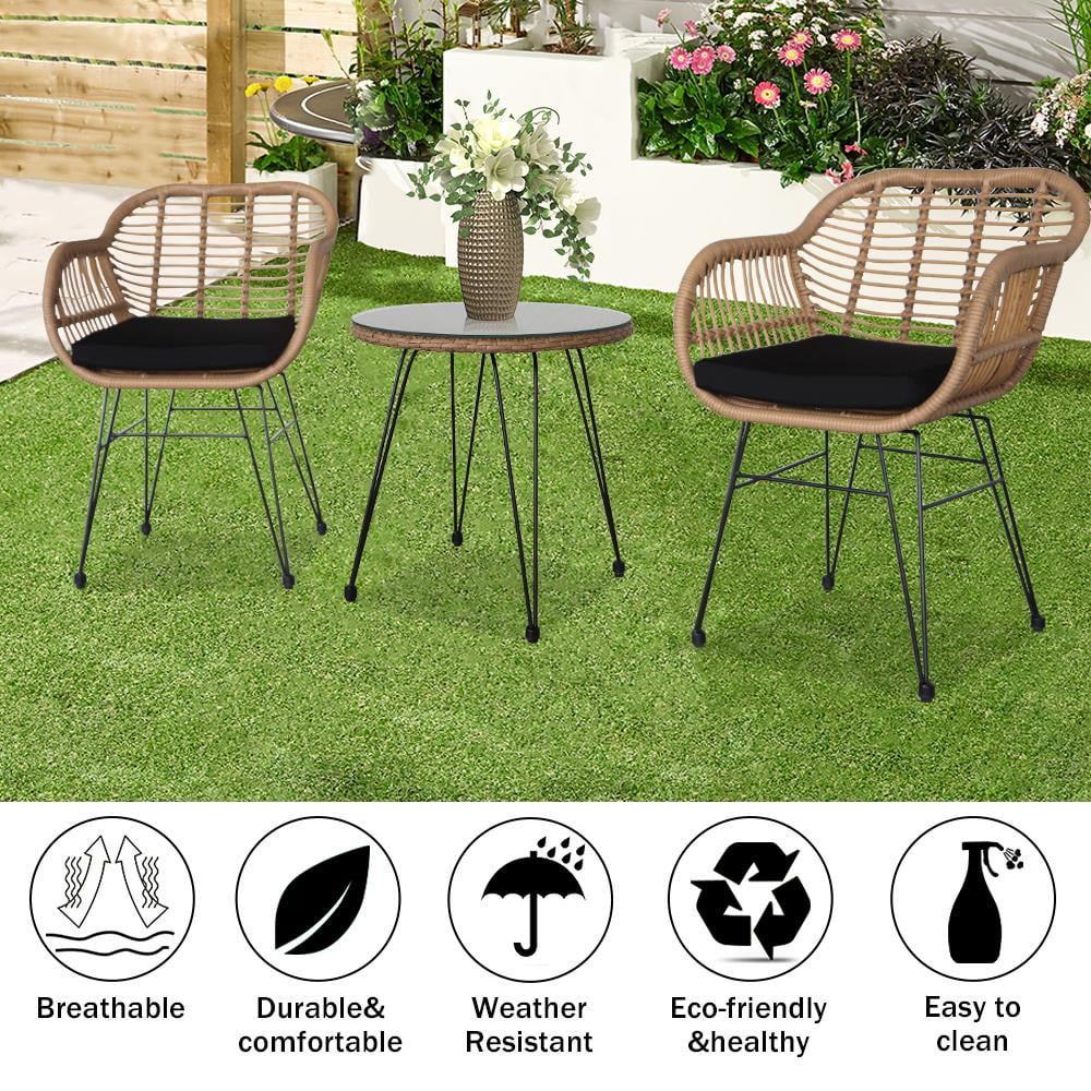3 Pieces Wicker Rattan Patio Conversation Set with Tempered Glass Table Y10154