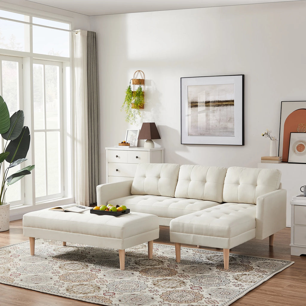 Beige L-shape Sectional Sofa Bed with Ottoman Bench C598