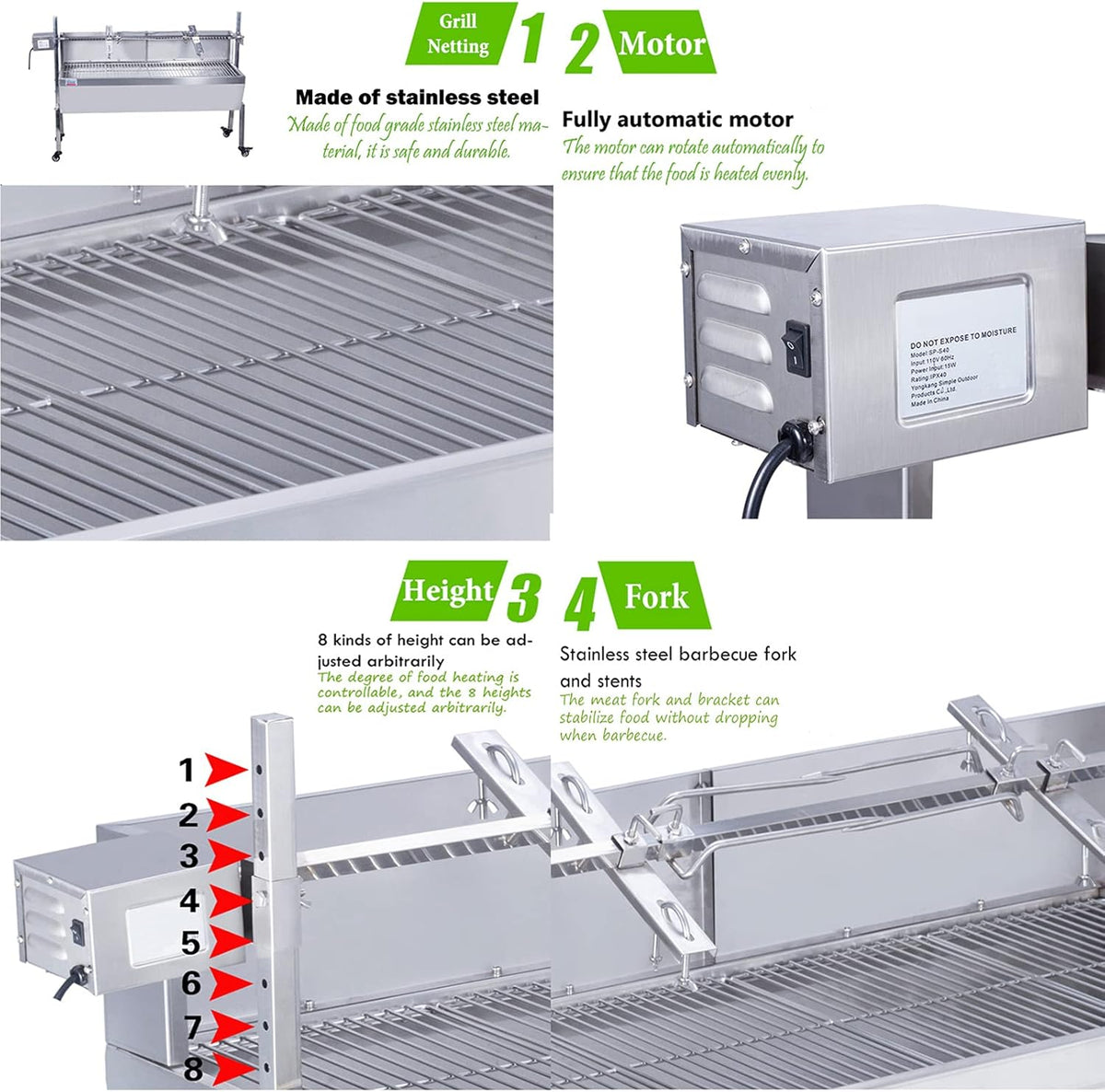 46 Inch Stainless Steel BBQ Charcoal Spit Rotating Grill Roaster E104