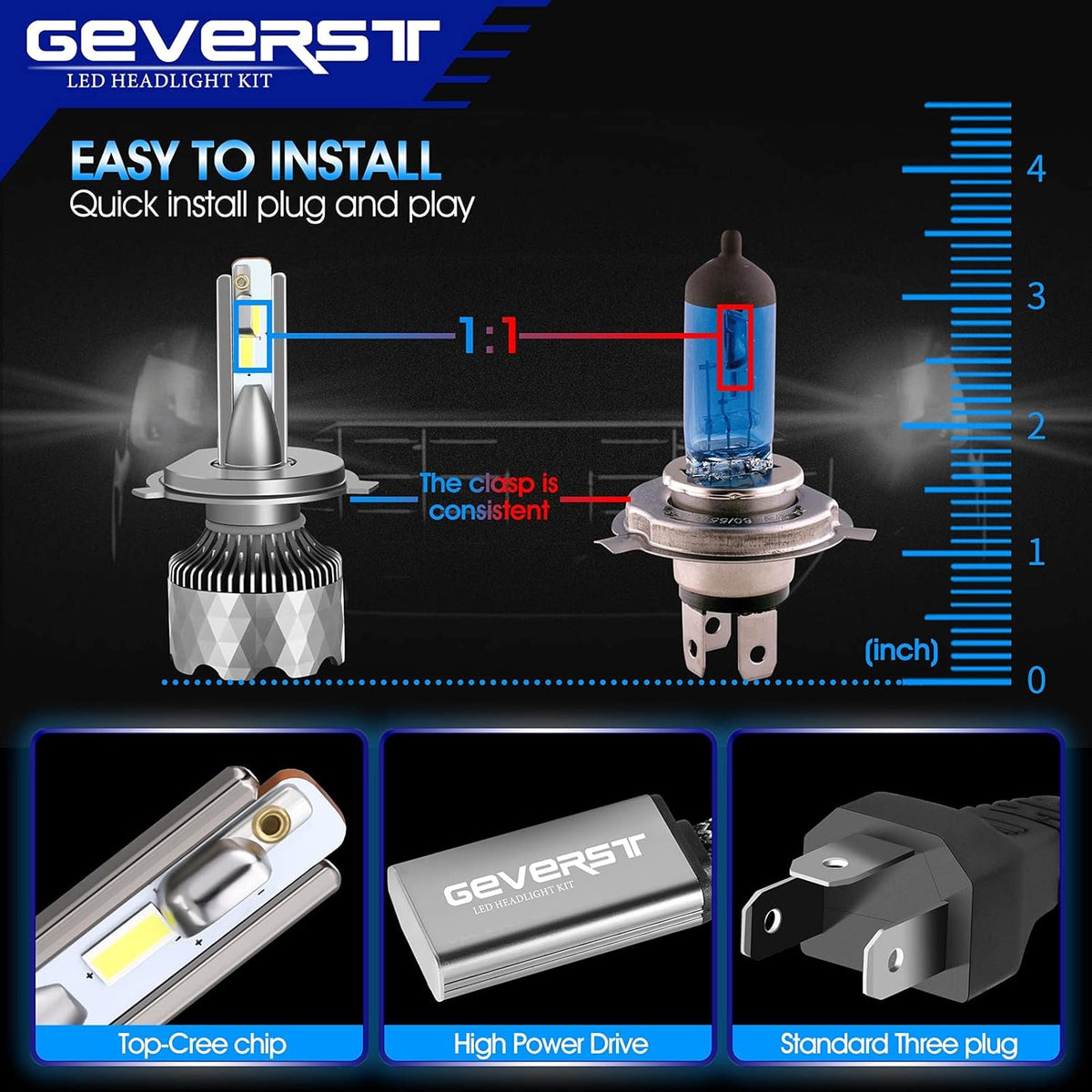100W H4/9003 LED Headlight Bulbs 6000K Cool White IP68 Waterproof Conversion Kit, Pack of 2 L5343