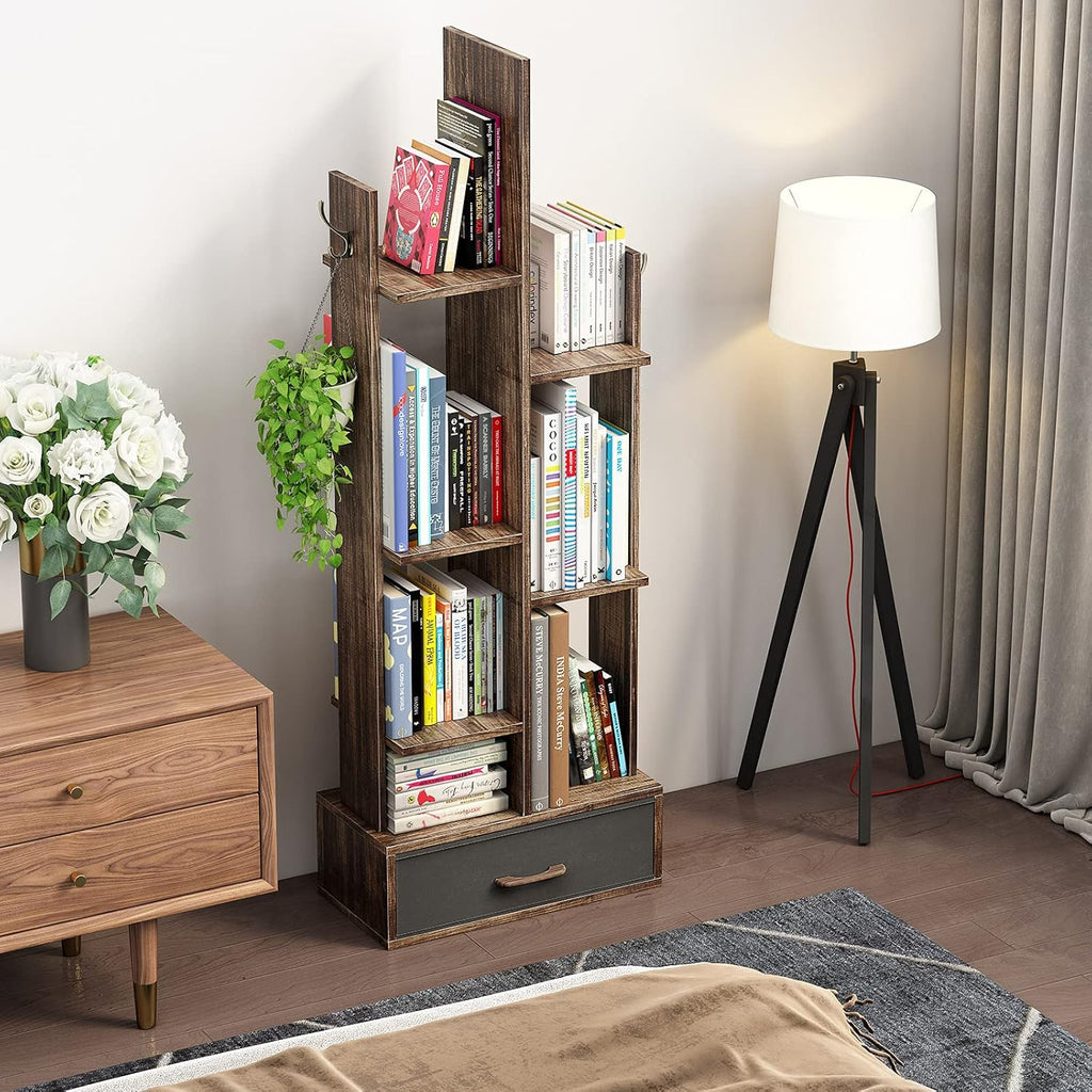 Rustic Brown Wood Bookshelf with Drawer Q895