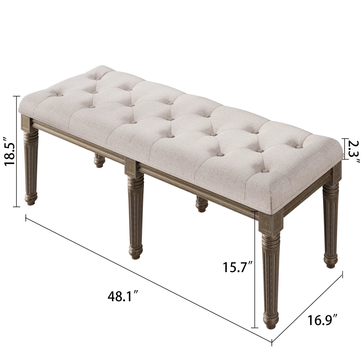 Upholstered Button Tufted Cushion Seat Bench with Carved Wooden Legs D356