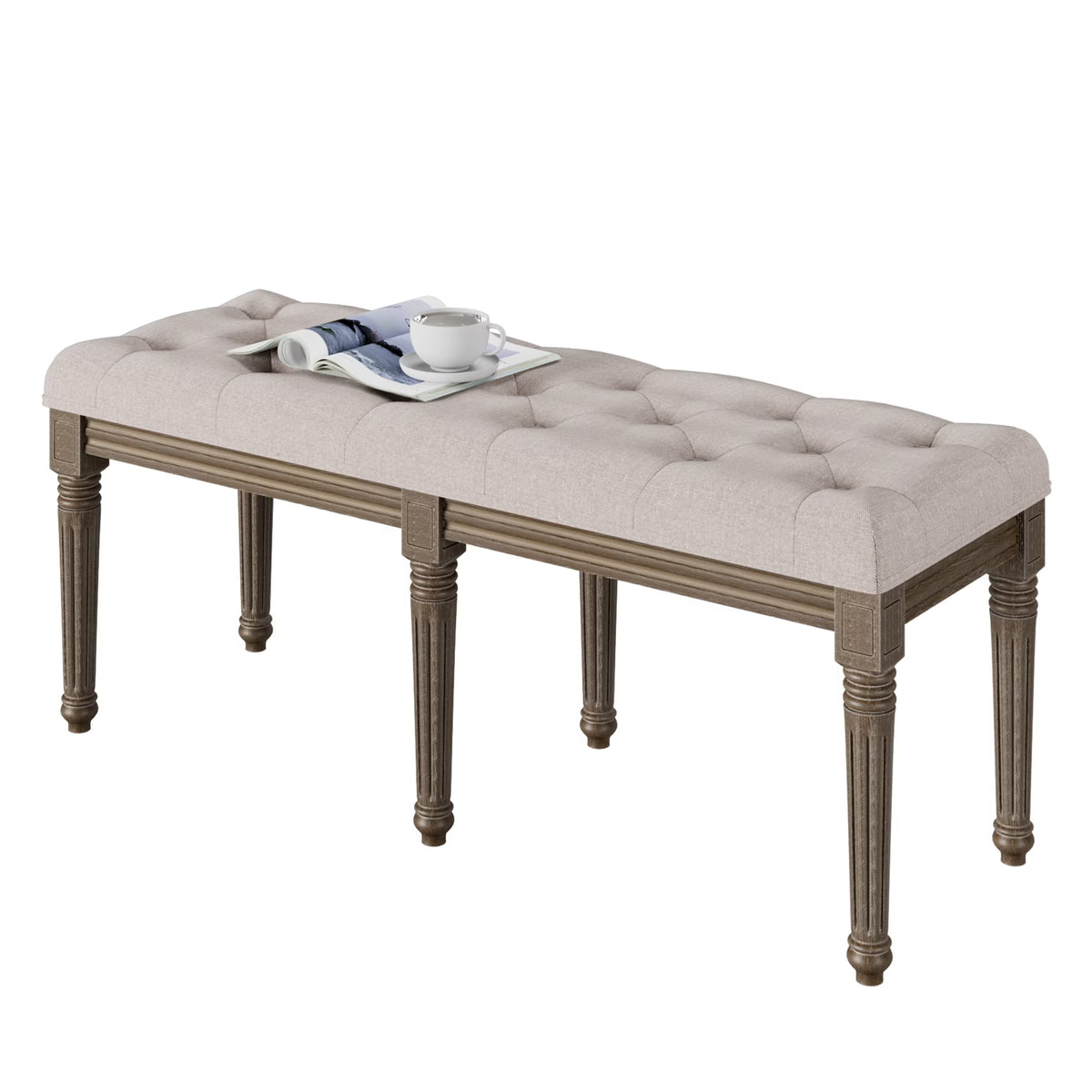 Upholstered Button Tufted Cushion Seat Bench with Carved Wooden Legs D356