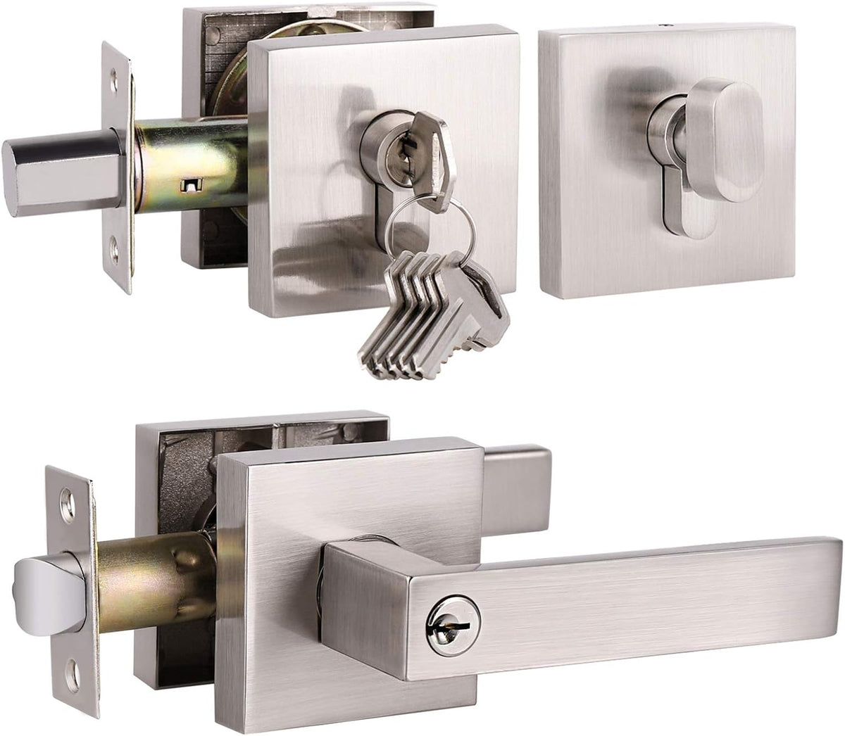 Pack of 6 Satin Nickel Square Door Handles Levers with Privacy Locks Q813