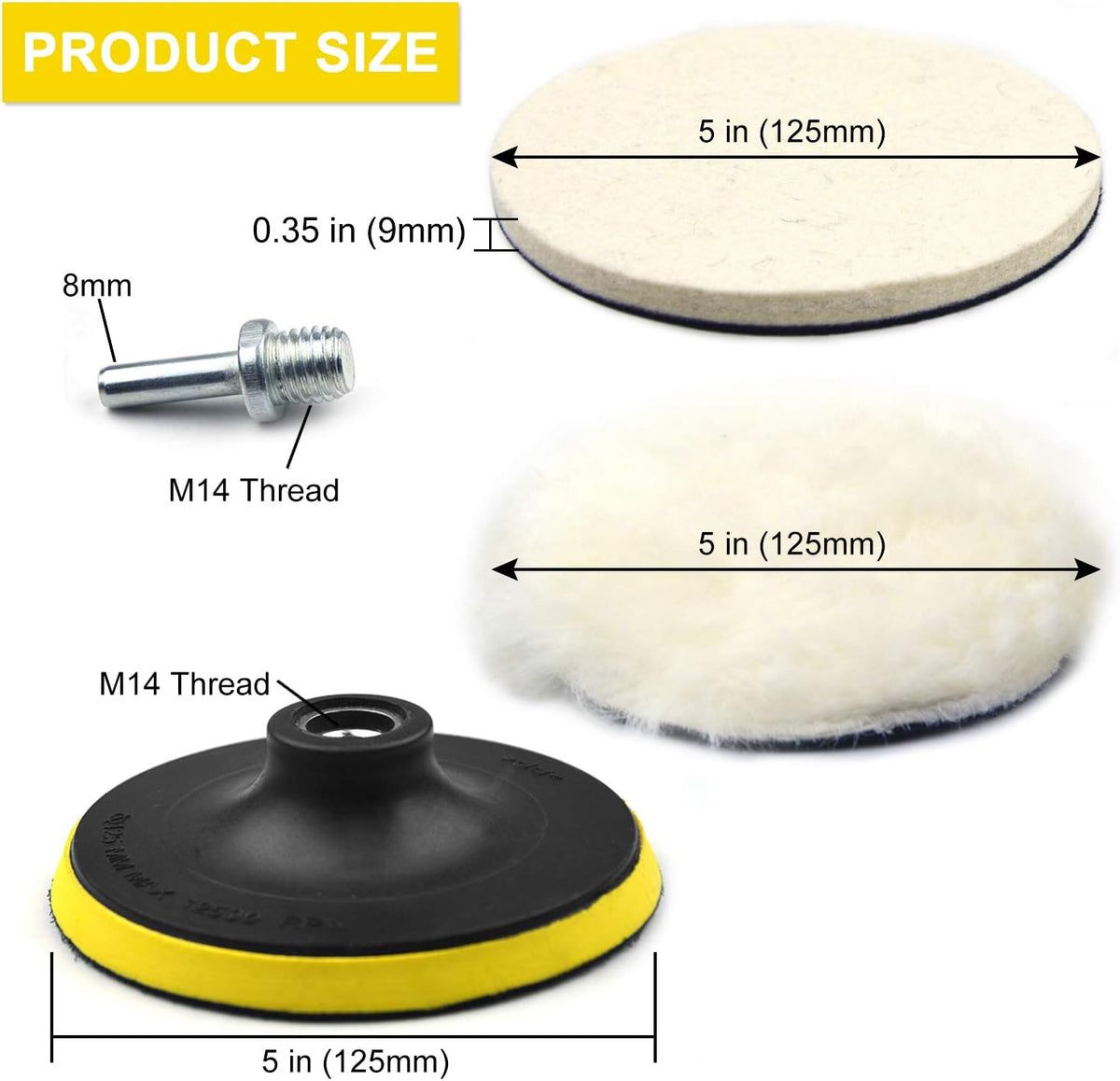 6 Inch 8PCS Wool Buffing Pads Kit with 5/8''-11 Thread Hook & Loop Backer Plate S110585
