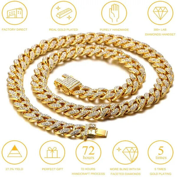 Gold Plated Simulated Diamond Cuban Chain Necklace N2740