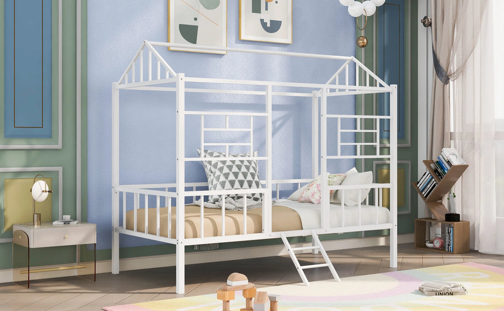 White Twin Size Metal House Bed with Guardrail and Ladder Q284