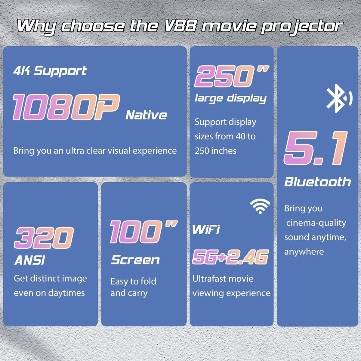 4K Supported Native 1080P Video Projector with 100" Screen K336314