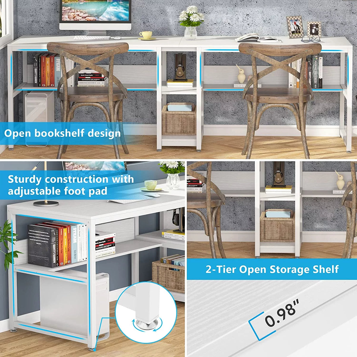 White Double Computer Office Desk with Storage Shelf R869
