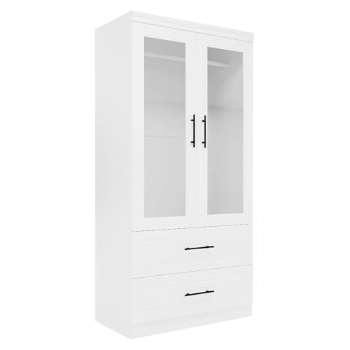 White 3 Door Armoire Wardrobe Closet with Mirror and 2 Drawers B809310
