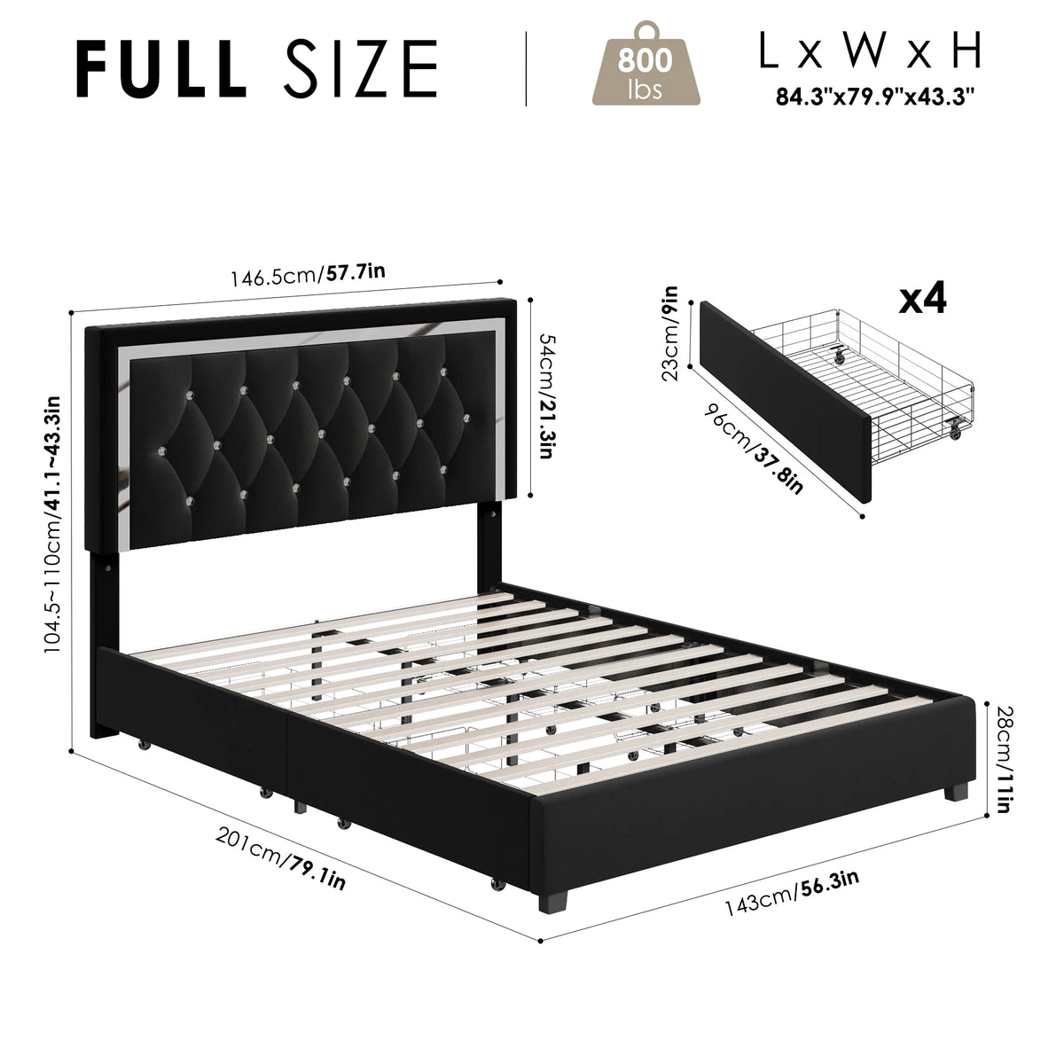 Full Size Storage Bed with 4 Drawers, Black Upholstered Platform Bed Frame with Adjustable Headboard F93927